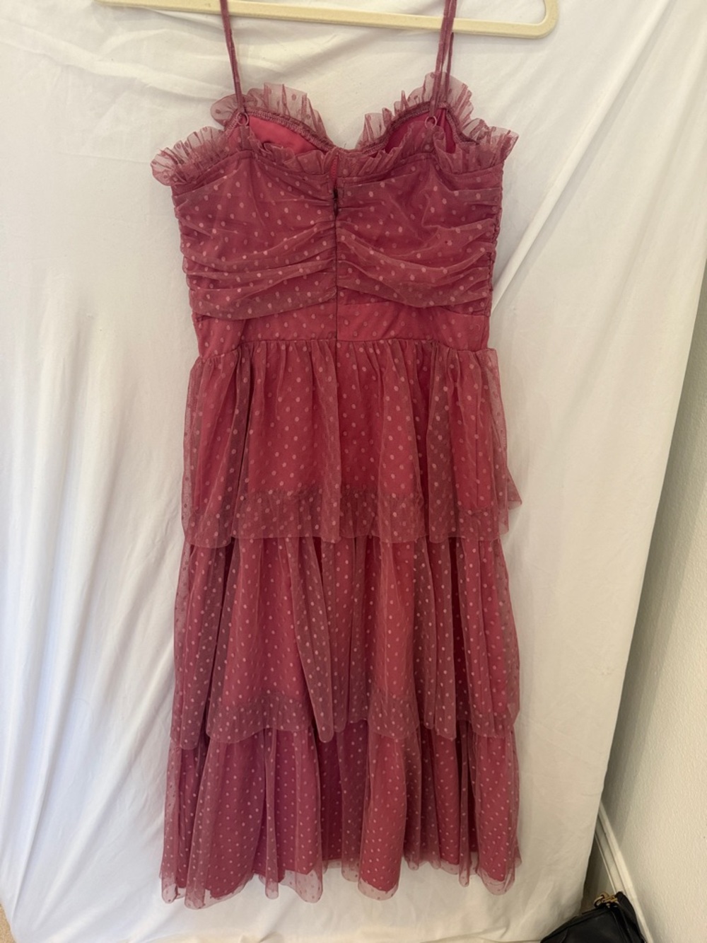 Lulu’s Sweetheart Style Mauve Polka Dot Bustier Tiered Midi Dress sz small - Picture 9 of 10
